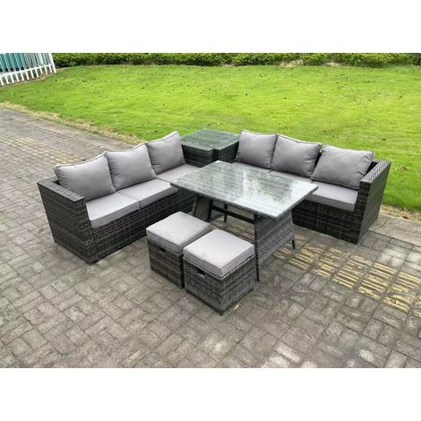Fimous 8 Seater Wicker PE Rattan Garden Dining Set Outdoor Furniture Sofa with Side Table Dining Table Stools Dark Grey Mixed (1/5)