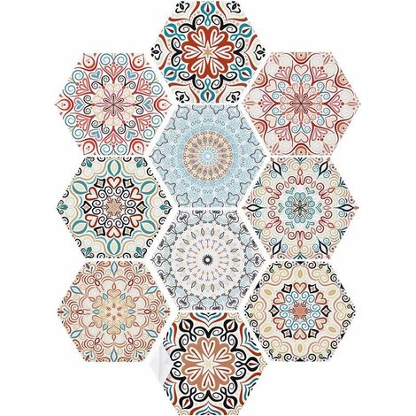 Autocollant en Tuile,10 Pièces 20 × 23CM Style Mandala Stickers Carrelages Adhésifs Hexagon Art de Tuiles Mural pour la Décoration de Cuisine Salle de Bain Salon (1/5)