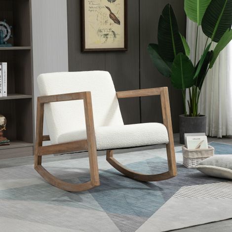 MODFU Sedia a dondolo, struttura in legno, tessuto Teddy, per interni, beige