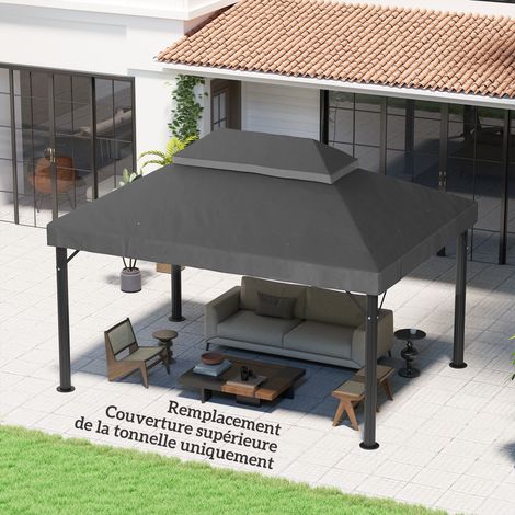 Toile de Rechange pour Pavillon/Tonnelle 4x3m - Double Toit avec Trous de Drainage, Polyester 370g/m², Gris