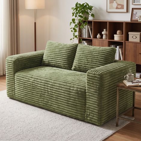 Canapé droit 2 places en velours côtelé – Vert – Dimensions 160×88×58cm – Assise profonde – Mousse haute densité pour confort durable