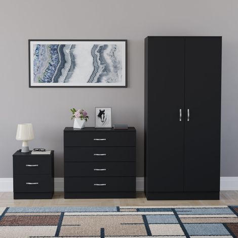 Riano 3 Piece Bedroom Set (2 Drawer Bedside Chest, 4 Drawer Chest, 2 Door Wardrobe), Black (1/5)
