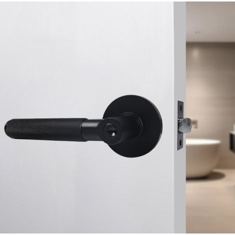 Poignée de porte à levier en alliage de zinc poignée pleine à motif antidérapant serrure à trois tiges pour porte intérieure serrure avec clé finition noire mate adaptée pour porte bois épaisseur 35 à (1/5)