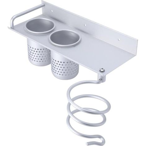 Organisateur accrochant de Support de sèche-Cheveux de bâti de Mur, Support Multifonctionnel en Aluminium de dessiccateur de Cheveux et 2 Tasses de Stockage de Brosse à Dents