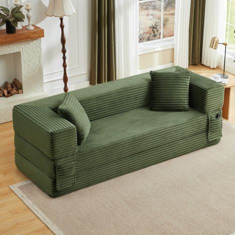 Divano letto a 3 posti 200x76x60 cm - Divano letto modulare in schiuma ad alta densità e velluto a coste - Verde (1/5)