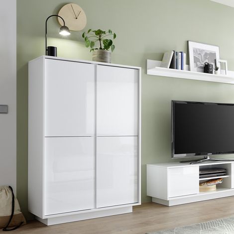 Credenza alta moderna 4 ante bianco laccato lucido h145cm Joyce Ice (1/5)
