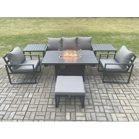 Fimous Aluminium Outdoor Garden Furniture Set Gas Fire Pit Dining Table Set Gas Heater Burner with 2 Arm Chair 2 Side Tables Big Footstool Dark Grey 6 Seater (1/5)