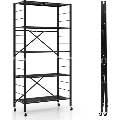 Costway – Étagère de rangement pliante 5 niveaux – Métal noir – Roues amovibles – Capacité 85 kg – Dimensions 76 x 34,5 x 153 cm (1/5)