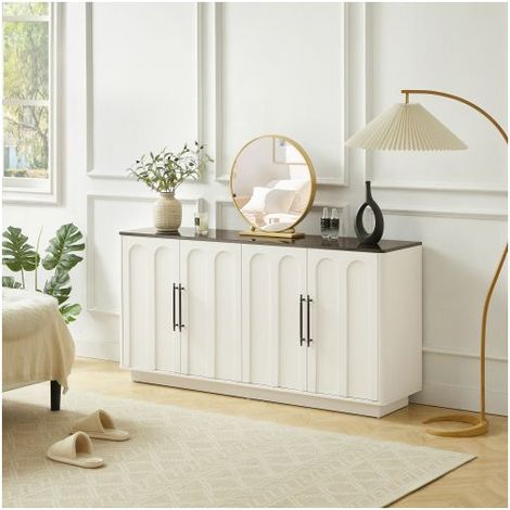 Buffet 160x40x80cm 4 Portes Design - Meuble salon - Blanc et Noir Plateau Effet Marbre Charnière Soft Close Anti-basculement (1/5)