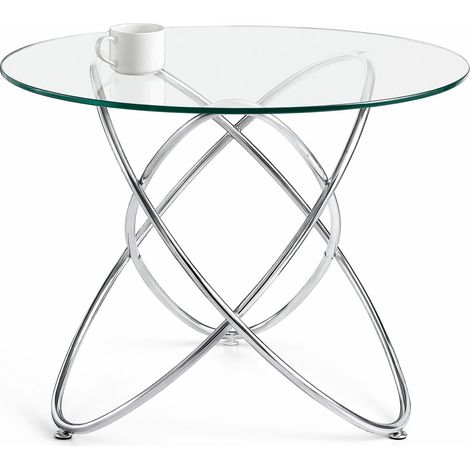 Table à Manger Ronde en Verre et Métal avec Plateau en Verre Trempé, Pieds Métal - 80×80×75 cm, Chrome (1/5)