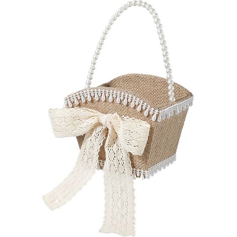 Panier de fleurs de style européen avec nœud en dentelle, panier cadeau pour demoiselle d'honneur, sac à main en lin et perles, panier de fleurs de style western pour petite fille d'honneur (1/2)