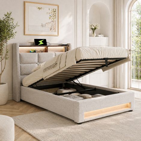 Lit coffre 90x200 cm avec rangement, LED et USB, sommier métal, cadre tissu lin, sans matelas, beige (1/5)