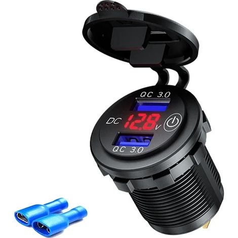 Chargeur de voiture USB 36 W avec double prise QC3.0, charge rapide, adaptateur 12 V/24 V, interrupteur tactile et affichage de la tension. Compatible voiture, camping-car et quad. (1/5)