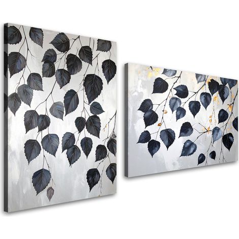Set de tableaux sur toile  Feuilles de bouleau noires nature gris 2 x 20x30
