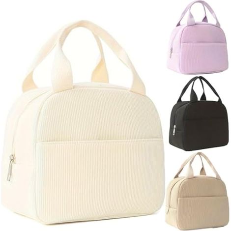 Sac à lunch pliable en velours côtelé de grande capacité (Blanc) mignon, isolé, réutilisable, imperméable, portable, garder frais, pour les adultes étudiants pique-nique travail extérieur (1/4)