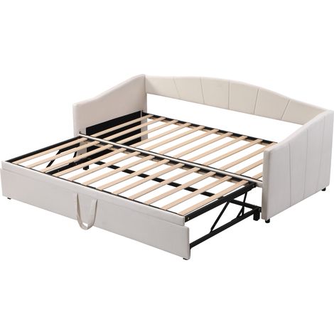 CAIziCanapé-lit rembourré extensible 90/180200 cm avec sommiers à lattes, lit multifonction en tissu velours doux pour la peau, beige (1/5)