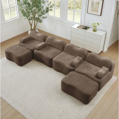 Canapé d’angle modulaire 4 places en velours marron, forme U, avec 2 ottomans (1/5)