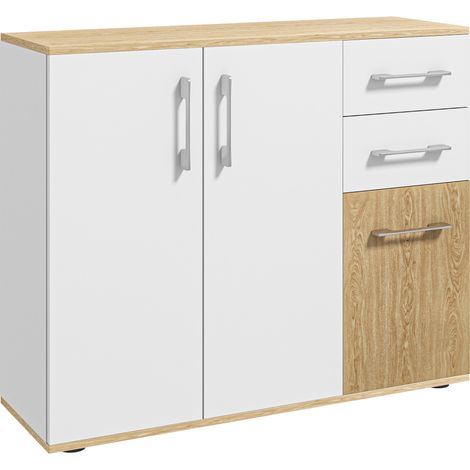 Buffet blanc et naturel 90x30x75,5 cm avec 2 tiroirs, 2 placards et étagères réglables, meuble design scandinave pour salon pratique et fonctionnel