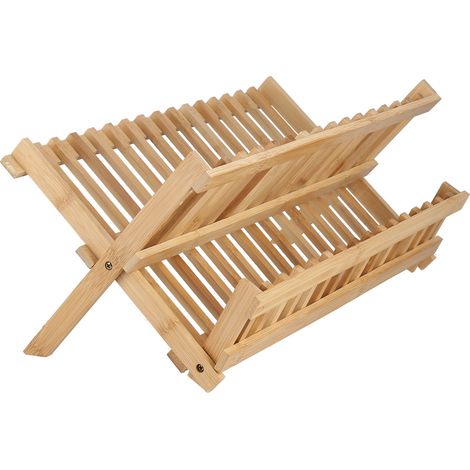 Étagère à Vaisselle Bambou 2 Niveaux 16 Cases, Rangement de Cuisine Pliable et Égouttoir (1/5)