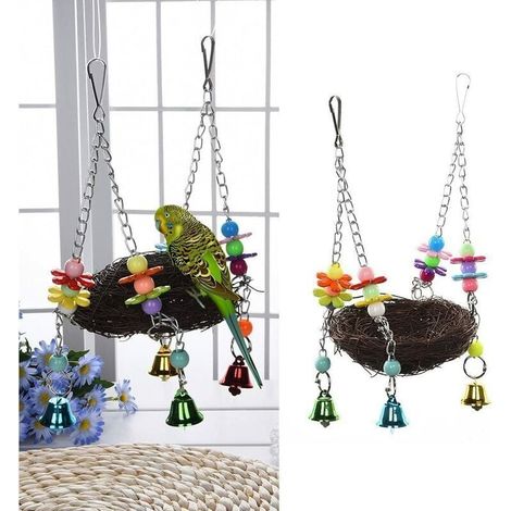 Vogelschaukel – Naturrattan – mit Glöckchen und Sitzstange – für Papageien / Sittiche / Nymphensittiche / Finken / Kakadus / Aras / Graupapageien (1/4)