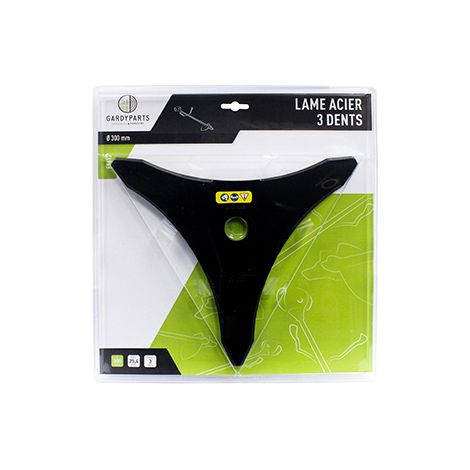 lame acier 3 dents professionnelle pour débroussailleuse, dimensions coupe: 300mm, alésage: 25,4mm, ep: 3,0mm. (sous coque).