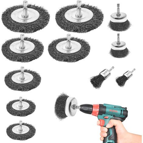 12 Pièces Brosse Métallique pour Perceuse,6mm Wire Brush Cordless Screwdriver with Hexagonal Lever,Metal Brush for Polishing, Sanding, Rust Removal