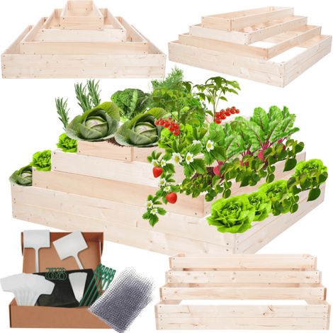 MODO24 ZP09 Carré potager surélevé en escalier modulable, bois de pin, herbes/légumes, jardin/terrasse/balcon, 45x117x100 cm, naturel