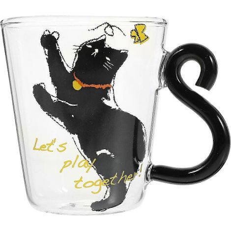 Mug en verre avec anse, motif chat charmant, 250 ml, en verre résistant, idéal pour le café ou le thé au bureau ou à la maison. (1/5)