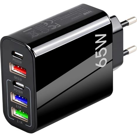Chargeur USB C 65W 5 Ports, Chargeur Rapide QC 3.0, Adaptateur d'alimentation USB pour 15 14 13 12 11 Pro Max (1/5)
