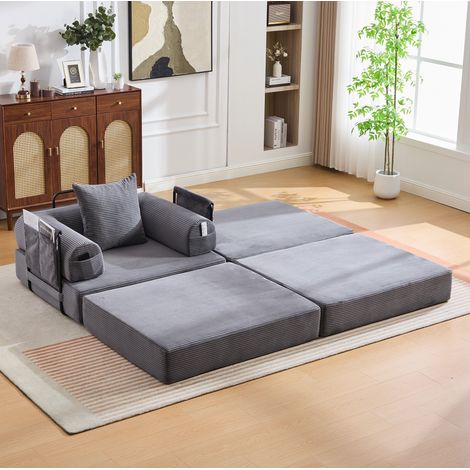 Canapé modulable de pana gris oscuro 112x190x67 cm con puf, cojín y bolsillo lateral (1/5)