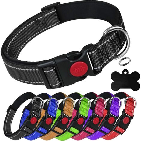 Collare per cani riflettente in nylon morbido imbottito Fibbia di sicurezza scorrevole Completamente regolabile con targhetta ossea personalizzata incisa (nero, taglia M (collo 35- (1/5)