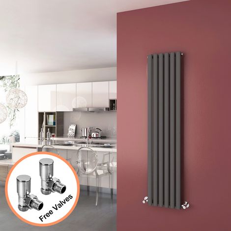 ELEGANT 1600 x 360 mm Modern Vertical Column Designer Radiator Anthracite Oval Single Panel Radiator Heater + Angled Radiator Valves (1/5)