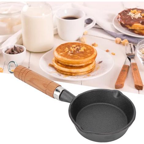 Poêle à œufs en fonte de 10 cm avec manche en bois, poêlon mini à fond plat pour crêpes et pancakes, ustensile de cuisine (1/5)