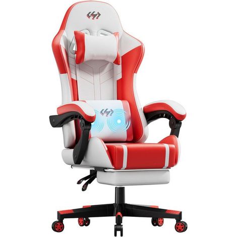 Ergonomic Armchair - Ecofurnix - Lumbar Massage Cushion - Adjustable Backrest - Footrest - White and Red (1/5)
