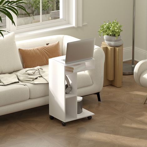 Beistelltisch für Sofa, C-förmiger Beistelltisch mit Rollen, offene Fächer, 40 x 30 x 69 cm, Weiß