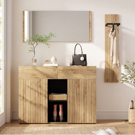 MODFU – Set de recibidor 125x35x178 cm de MDF con espejo, ropero, zapatero, antivuelco y carga 50 kg – Negro/madera natural (1/5)