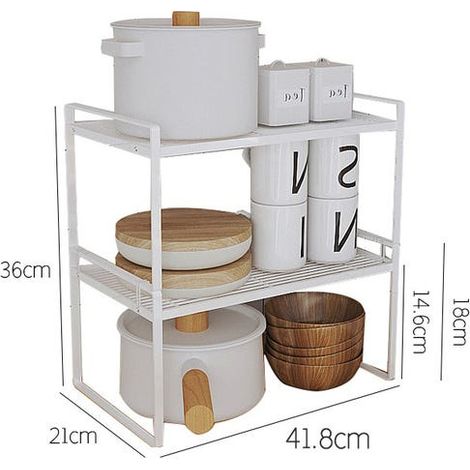 Mittleres zweistufiges Küchenregal, robust und langlebig, Kohlenstoffstahl, weiß, für effiziente Lagerung, 42 x 21 x 36,8 cm
