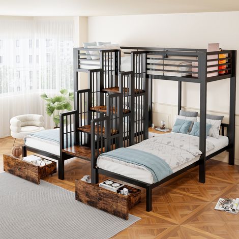 Litera triple 90x200 cm con somier de láminas escalera central barandillas de seguridad y 2 cajones de almacenamiento estructura de metal y madera negro (1/5)