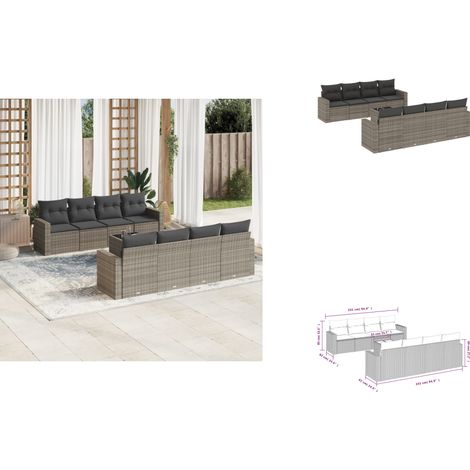 9-tlg. Garten-Sofagarnitur mit Kissen Grau Poly Rattan - Gartensorte - Outdoor Möbel - Lounge Set - Gartenlounge - Rattan Sofa
