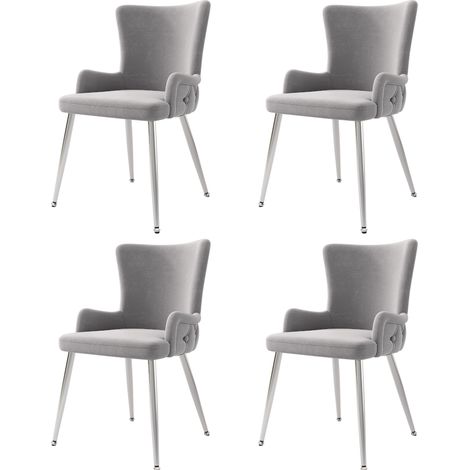 Silla de comedor de terciopelo gris, 4 unidades, con patas metálicas plateadas (1/5)