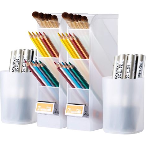 Organiseur De Stylos - 4 Pièces - Boîte De Rangement Pour Bureau En PP - 10 Compartiments - Montage Horizontal Ou Vertical - Blanc (1/5)