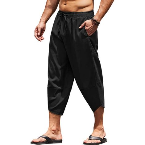 1 pantalon capri homme, taille élastique avec cordon, coupe ample et respirante, pour plage et yoga, en coton (1/5)