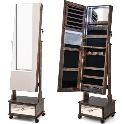 Armadio portagioie con ruote luci LED specchietto trucco ripiano pieghevole, Armadietto portagioie alto 159cm Caffè (1/5)