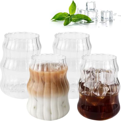Juego de 4 tazas de espresso, vasos de té ondulados, vasos de café, vasos de cóctel, vasos de vidrio con rayas verticales, vasos de postre, cristalería vintage, 530 ml para latte, té, helado, leche, c (1/5)