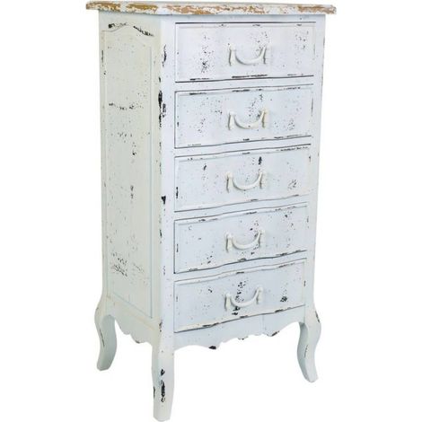 Commode cinq tiroirs blanche style vintage en bois mdf - blanc patiné effet vieilli bois clair (1/5)