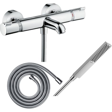 Pack mezclador termostático para baño-ducha HANSGROHE Ecostat Comfort + flexo Metaflex 160 cm + rociador HANSGROHE Pulsify E 100 EcoSmart cromado