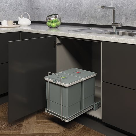 Hobag – Poubelle coulissante 2 seaux 48L – Sortie totale – Décor gris 7012 – Pour caisson largeur 400 mm – Vendu à l'unité
