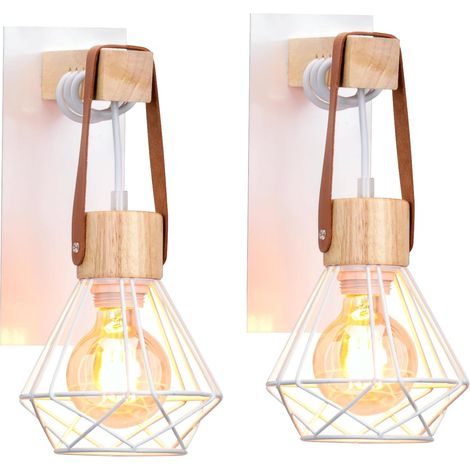 Lot de 2 Appliques Murales Industrielles - 2 Pièces - Fer et Bois Rétro - Suspension Réglable en Cuir - Salon Chambre Cuisine - Blanc 25x10cm (1/5)