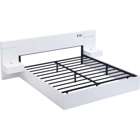 Cama doble 180 x 200 cm de MDF blanco con USB, Bluetooth, reloj LED, luz y 2 mesitas (1/5)