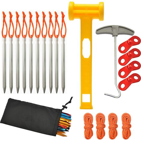 Piquets de tente camping, clous de sol anti-vent avec marteau, kit de fixation pour tente, tonnelle et auvent (1/5)